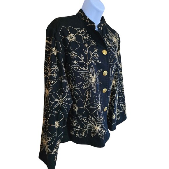 Vintage Floral Embroidered Jacket Large Navy Gold Button-Up academia old money - Picture 3 of 5